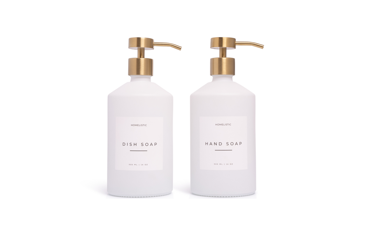 MODERN WHITE MATTE GLASS SOAP DISPENSER. GOLD PUMP. SET OF 2 custom image